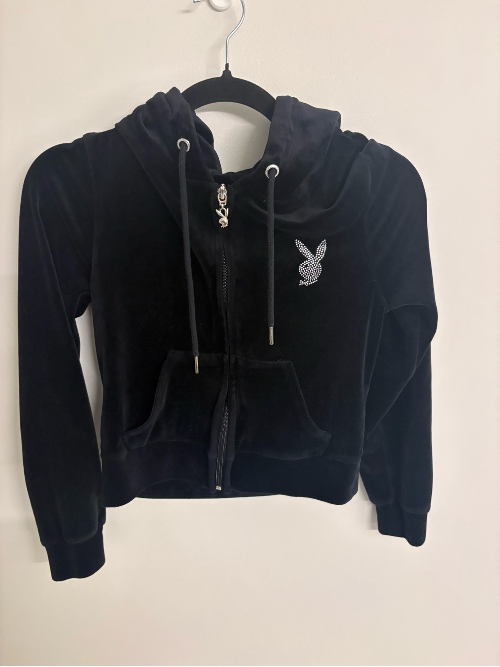 PLAYBOY Black Velour Zip-Up Hoodie with Rhinestone Bunny
